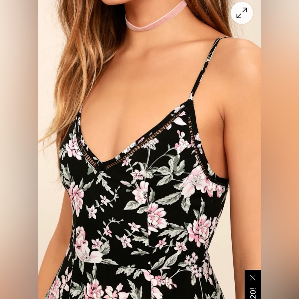 Lulus Chic Black Midi Slip Dress with Pink Floral Print with side slit Small - Picture 4 of 16